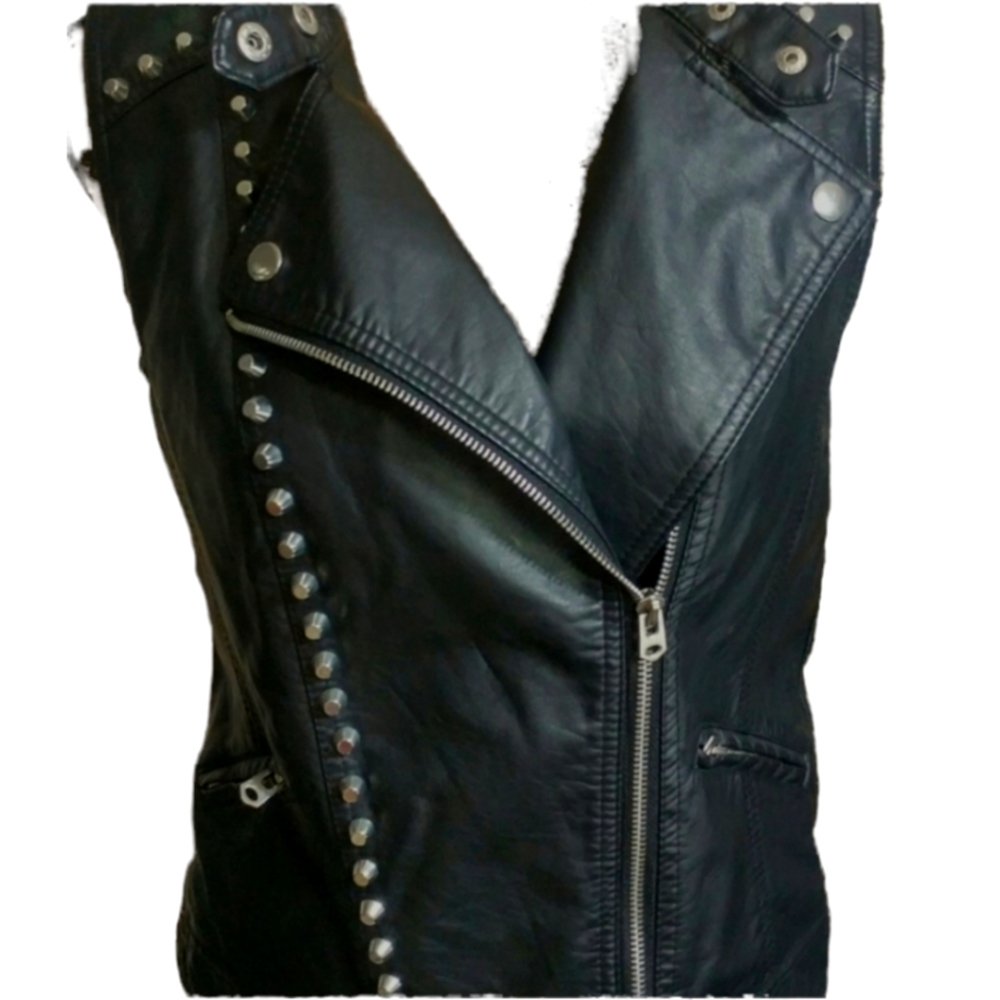 Studded Fake Leather Sleeveless Zip-up Jacket